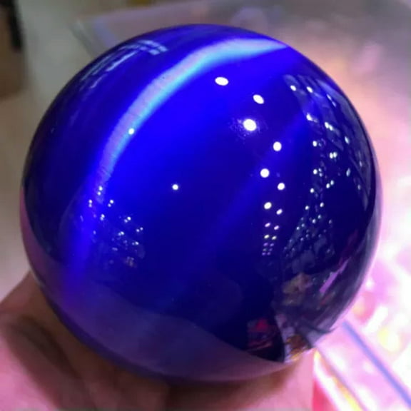K-KED 290g Rare Natural Quartz blue Cat Eye Crystal Healing Ball Sphere 60mm   Stand