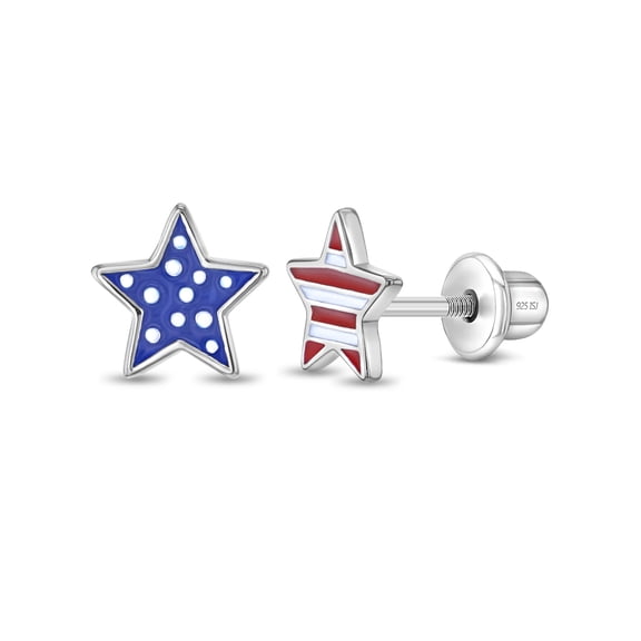 Patriotic Stars Kids / Children's Earrings Screw Back Enamel - Sterling Silver