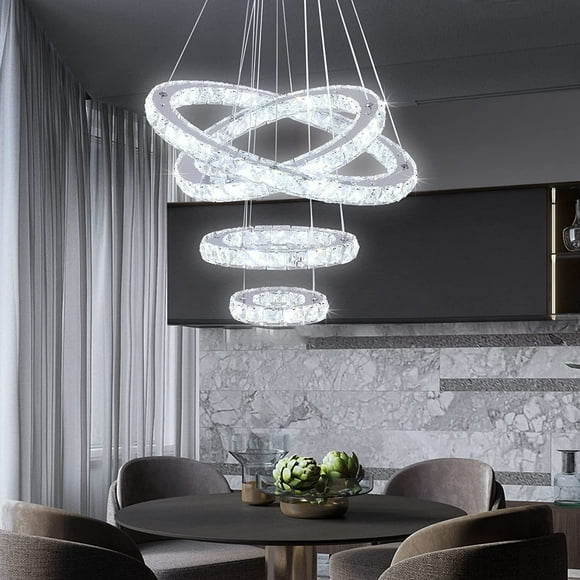 diisunbihuo Lustres en Cristal à 4 Anneaux Modernes à DEL Plafonniers Ronds Luminaires Éclairage Suspendu (Blanc Froid)