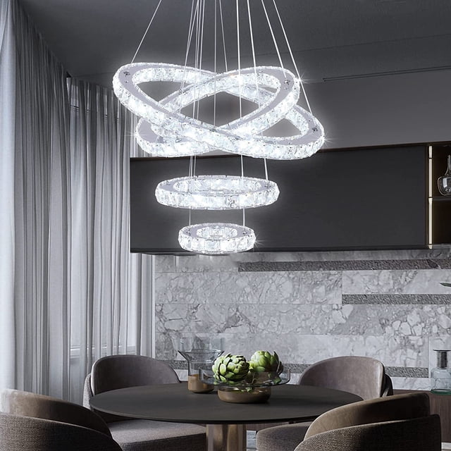 diisunbihuo 4 Rings Crystal Chandeliers Modern LED Round Ceiling Lights Fixtures Pendant Lighting(Cool White)