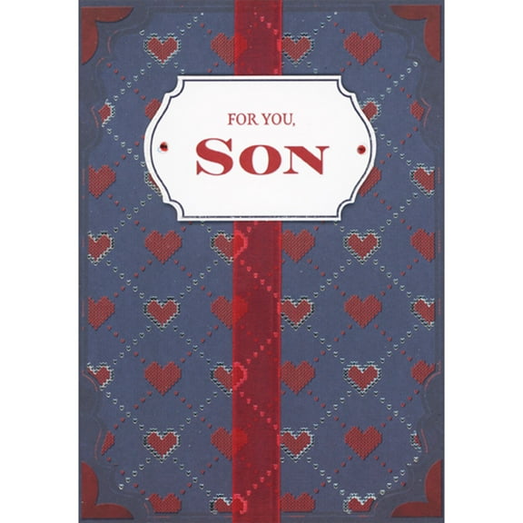 Designer Greetings Repeated Silver Foil Diagonal Hearts, Red Ribbon and 3D Tip On Banner on Dark Blue Hand Decorated Valentine's Day Card for Son