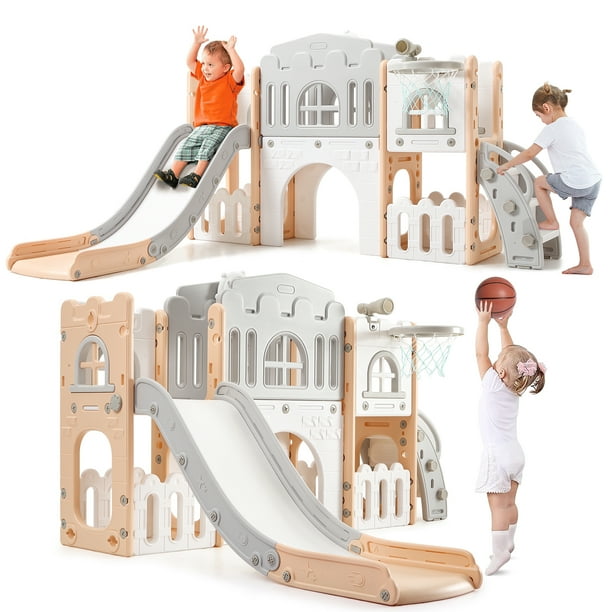 ChaoLink Patio de juegos interior para niños pequeños 8 en 1, juego de tobogán interior para niños de 1 a 3 años, parque de juegos con tobogán, aro de baloncesto, escalador