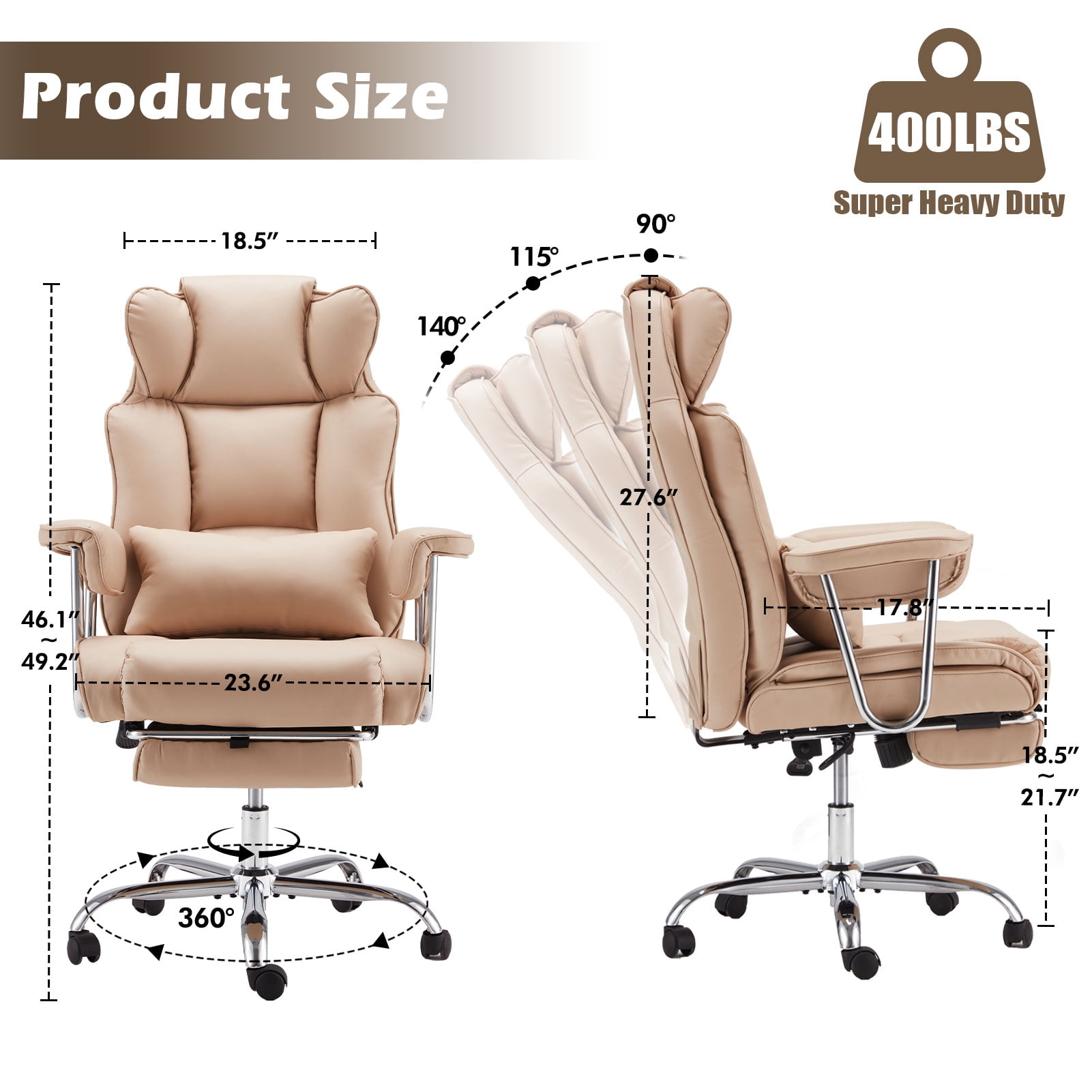 zzw Big and Tall Executive Office Chair, Reclining with Footrest, Adjustable High Back Ergonomic Leather Chair, 400lb Capacity