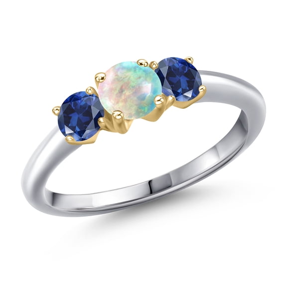 Gem Stone King 10K Two Tone Gold Simulated White Opal and Blue Created Sapphire Engagement Ring for Women | 1.00 Cttw | Round Cabochon 5MM | Gemstone October Birthstone | Size 6