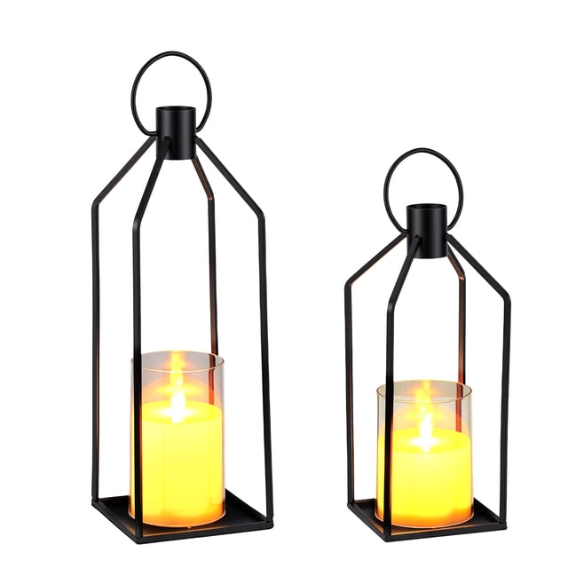LED Flameless Candle Lantern Set, Decorative Metal Lanterns with Remote Control, Battery Operated Flickering Candles for Home Wedding Table Decor, French Gold or Sand Black, 12+15 or 19+22 Inch