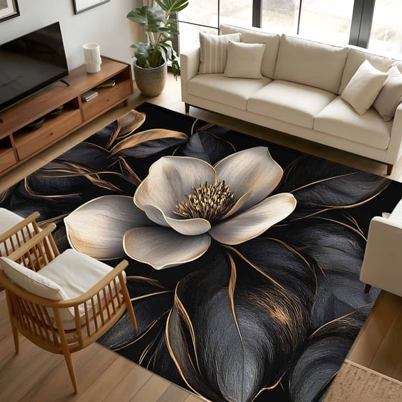 8x10 Area Rugs Black Gold Flower Non-Skid Rubber Backing Large Rectangle Rugs - Living Room Bedroom Home Office, Gradient Luxurious Floral Botanical Indoor Floor Mat Carpets Washable Rug