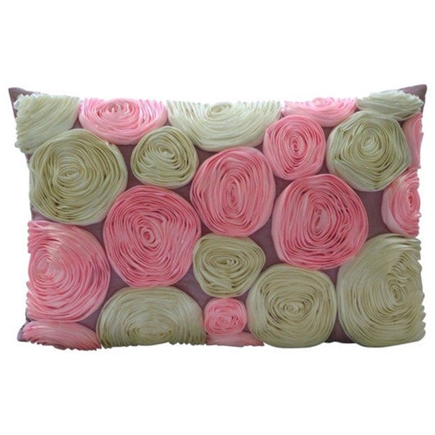 Pink Lumbar Pillow Cover, Ribbon Ivory and Light Pink Rose Flower