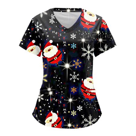 

TAIAOJING Scrubs for Women Workwear Christmas Print Short Sleeve Pocket V Neck Workwear T Shirt Top