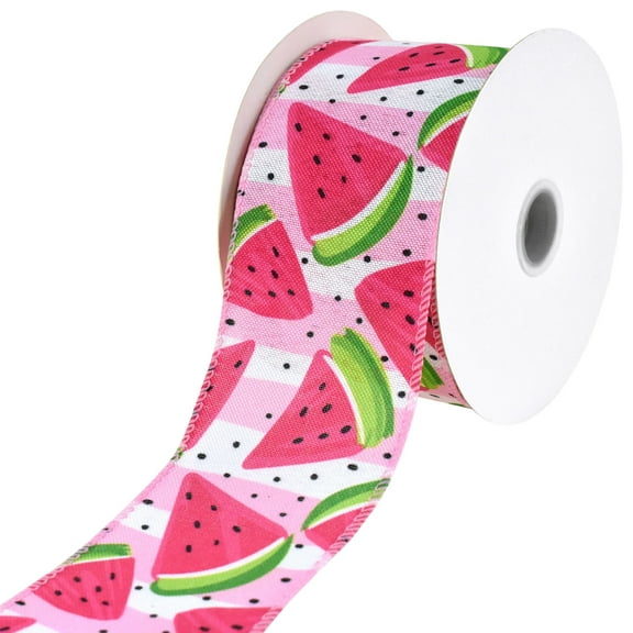 Homeford Refreshing Watermelon Slices Stripes Faux Linen Wired Ribbon, 2-1/2-inch, 10-yard, Pink