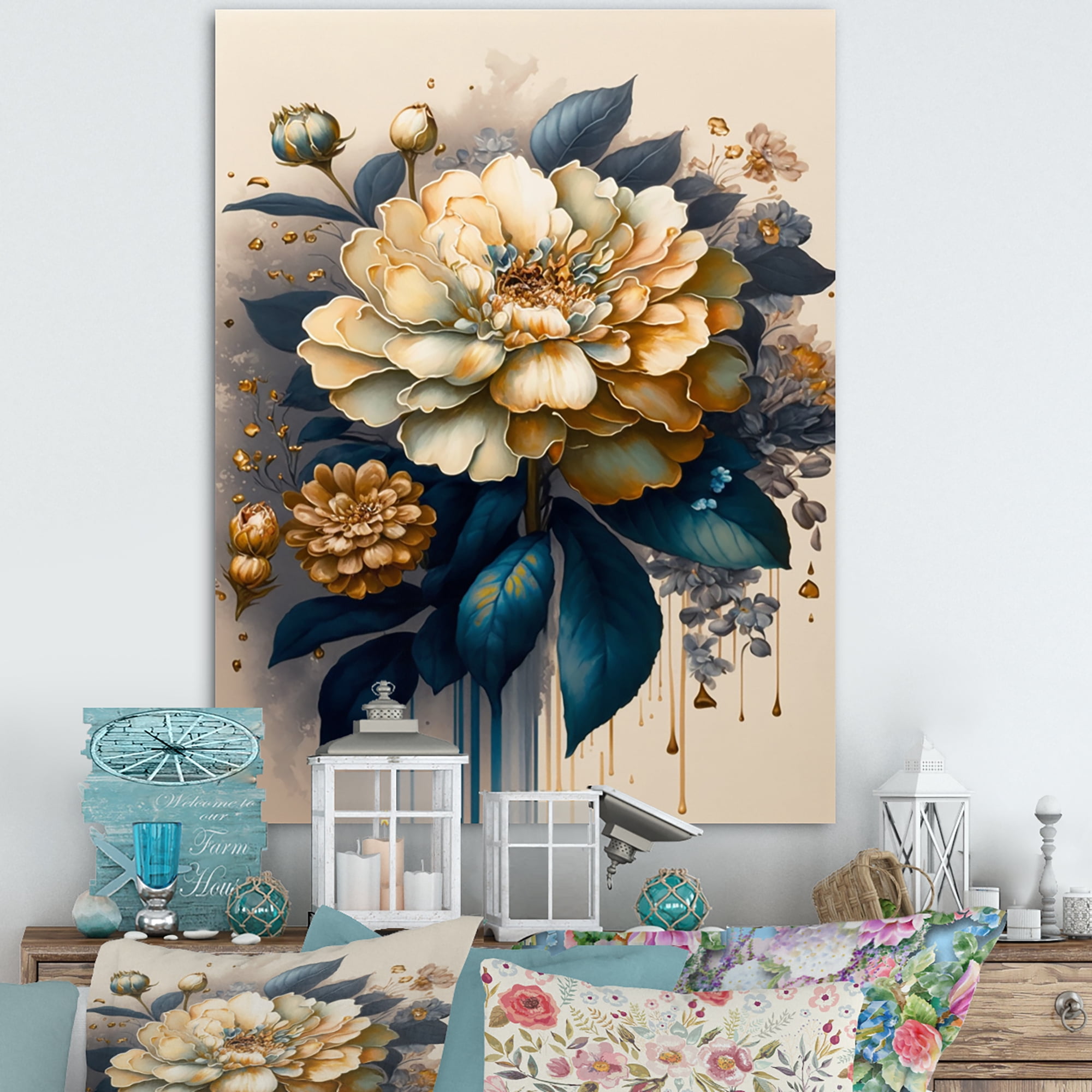 Designart Deep Yellow And Blue Zinnia Flowers II Canvas Wall Art