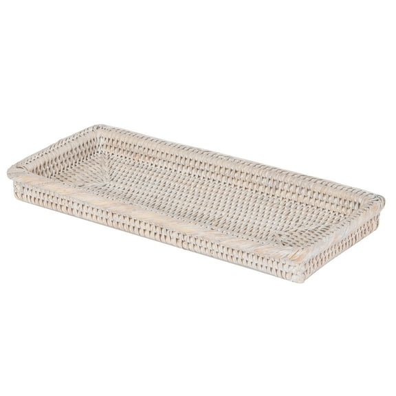 Kouboo Rectangle Rattan Serving Tray Hand Woven Bathroom Countertop Small Storage Basket for Coffee Table, Vanity, Toilet Tank, White Wash