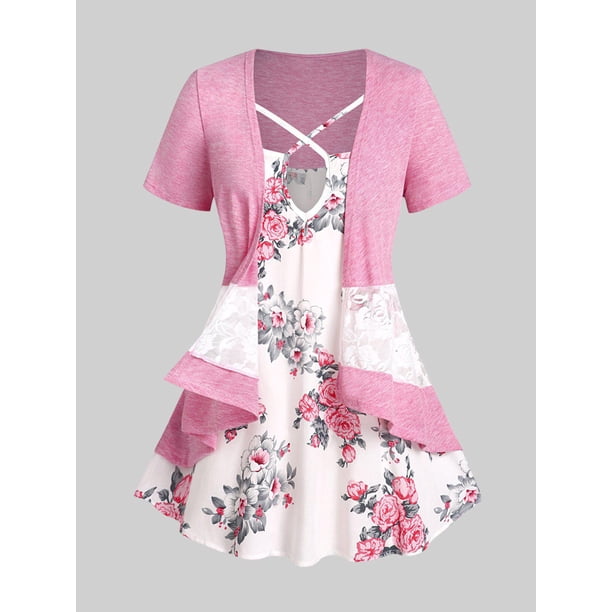 Conjunto de Tank Top con Estampado de Flor en de Talla Encaje Rosegal Camisetas tallas grandes