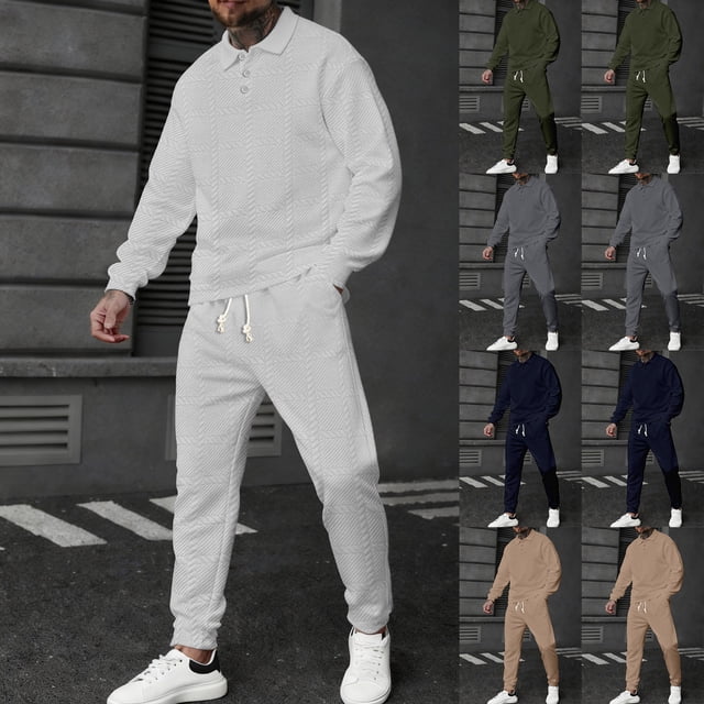 Sentmoon Mens Track Suits 2 Piece Set Jogging Pants Men Clothes Men Solid-Color Casual Loose Sports Corduroy Pocket Drawstring Long Pants Button Long Sleeve Turndown Collar Top Sets