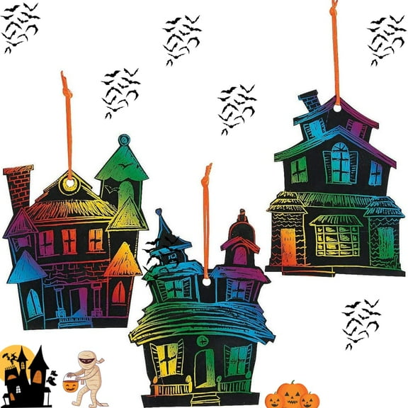 Halloween Magic Scratch Crafts for Kids and Adults - DIY Halloween Decorations - Haunted House Arts and Crafts Ornaments - Includes 24 Haunted House Ornaments, 24 Scratch Sticks, 24 Satin Cord Ribbon