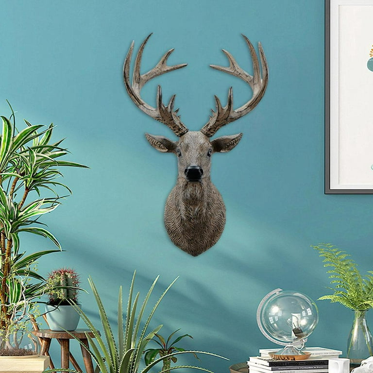 Faux Deer Head Antlers Statue Sculpture Figurines Wall Art Bust Hanging  Stag Ornament for Hotel Office Bedroom Living Room Decor - Black Brown 