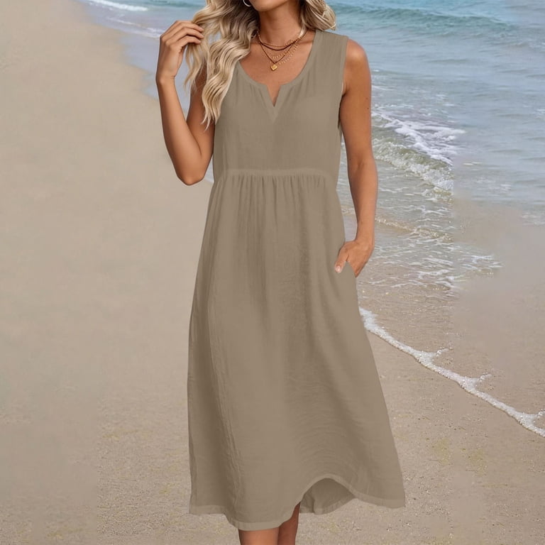 PRINxy Women's Delicate Solid Sleeveless V-Neck Summer Dress Tiered Layer Ruched Detail for Vacation Travel and Casual Dining Khaki M