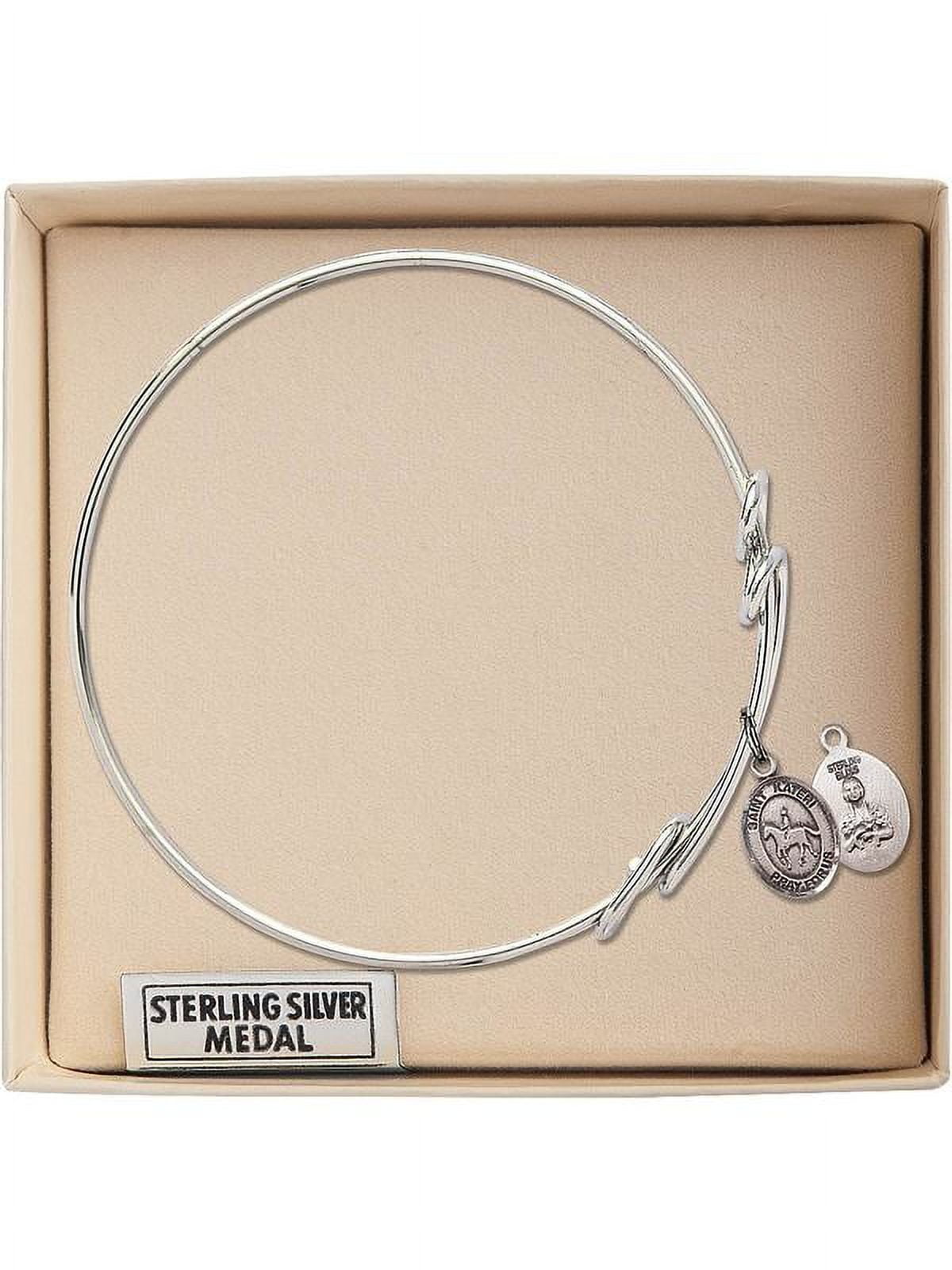 8 1/2 inch Round Double Loop Bangle Bracelet w/ St. Kateri/Equestrian in Sterling Silver