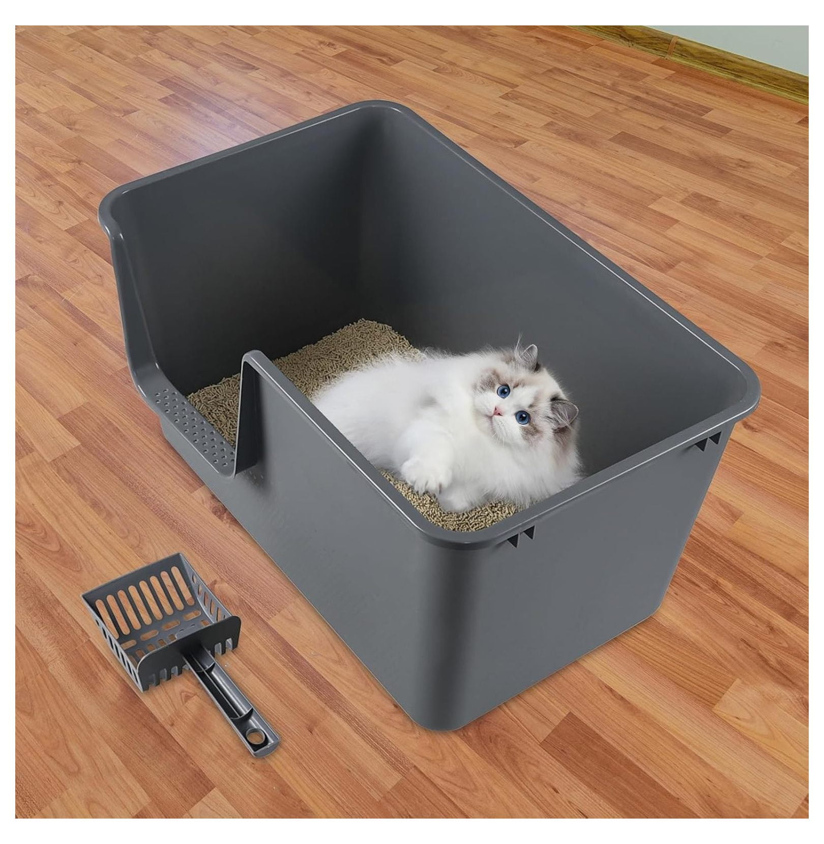 Cat Litter Boxes 2-Pack, Large High-Sided Plastic Cat Litter Pan, Gray - 24.4x15.2x12.7 Inch - Open Top Cat Toilet for Cats & Small Dogs