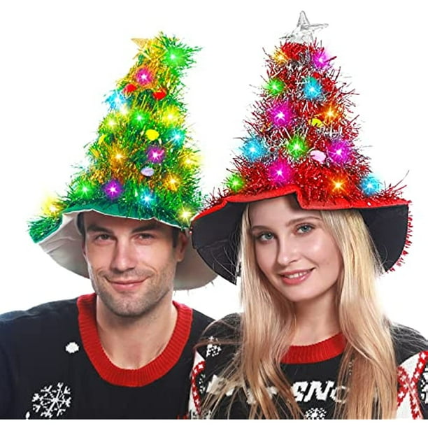 2 Pieces Red and Green Christmas Tree Hats with Lights Santa Hat