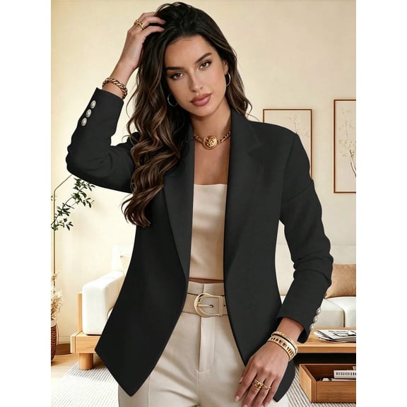 Women Lapel Open Front Blazer Jacket, Long Sleeve Regular Fit Suit Coat, Elegant Commuter Casual Clothes