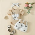 thumbnail image 2 of Hpapadks Baby Girl Outfits Infant Short Sleeve Cartoon Prints Romper Shorts Hairband Baby Girl Clothes Beige 9-12 Months, 2 of 6