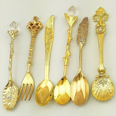 

6pcs Bronze Carved Eco-Friendly Small Tea Coffee Spoons Food Fork Mixing Scoop