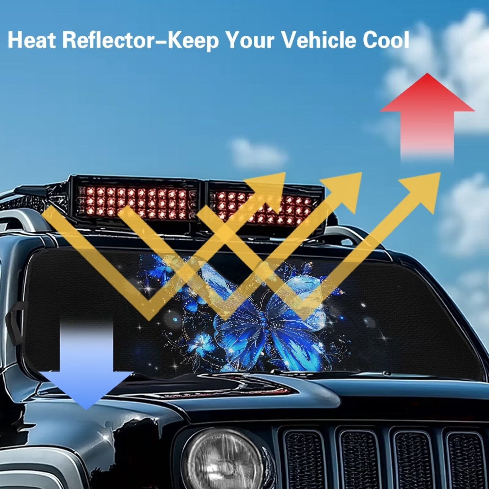 Uorisanigo Windshield Sun Shade for Jeep Wrangler TJ JK JKU 1997-2018 Foldable Blue Butterfly Front Window Sunshade Prevent Dashboard Fades and Cracks