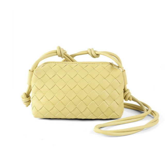 Artisan Woven PU Leather Crossbody Bag with Knotted Shoulder Strap - Small Square Shape, Yellow | Soft & Textured Handcrafted Design, 20x7x13cm | Main & Inner Pockets, Smooth Gold-Plated Zipper