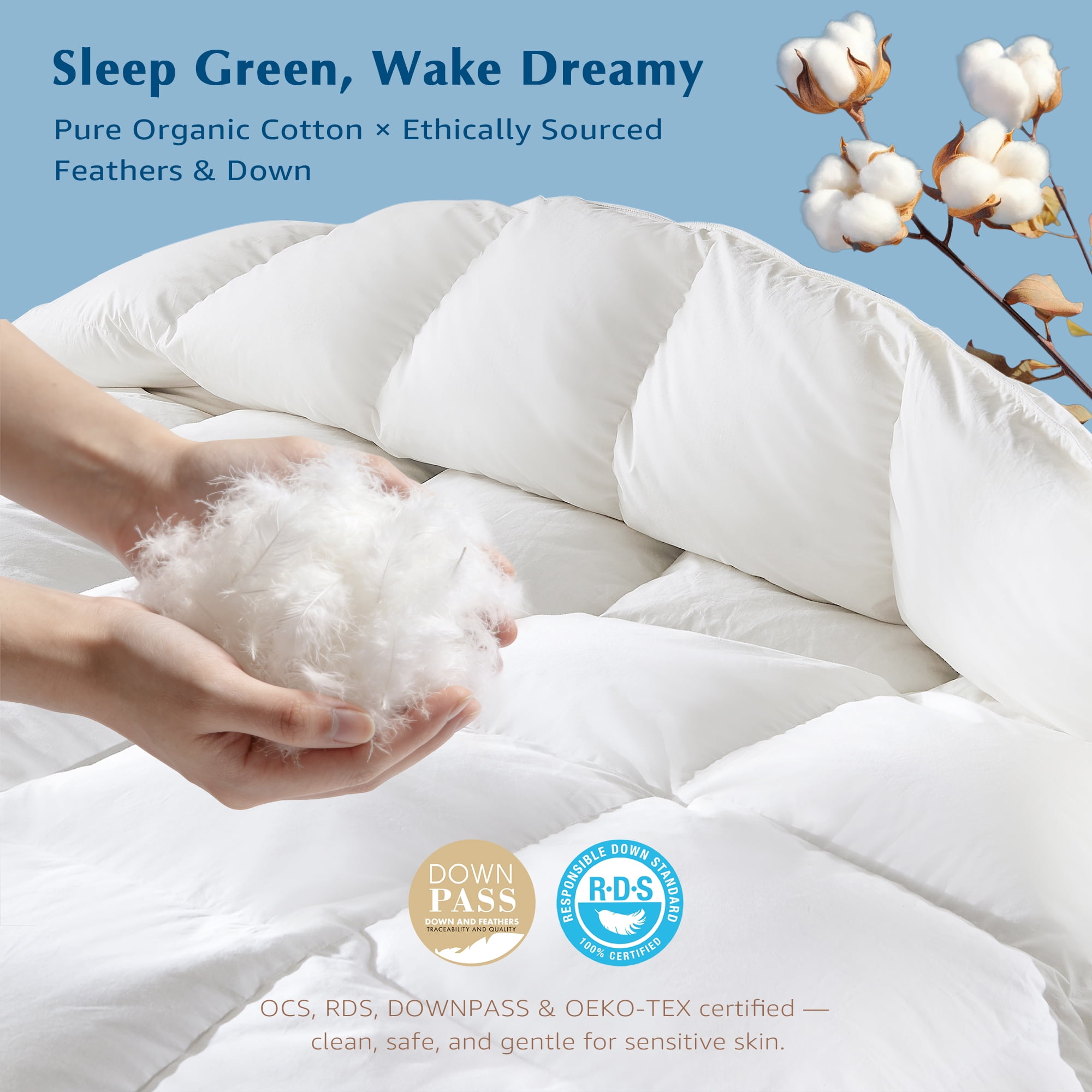 Dafinner All Season Goose Feather Down Comforter, 100% Organic Cotton Oversized King Size Duvet Insert with 4 Corner Tabs (120x98 inches, White)
