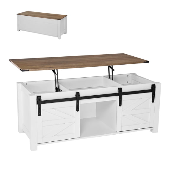 VEVOR 47.2 in Farmhouse Lift Top Coffee Table,Rustic Center Table with Barn Door and Hidden Storage Compartment, Modern Rectangle Lifting Tabletop for Living Room, Office, Home, Easy Assembly, White