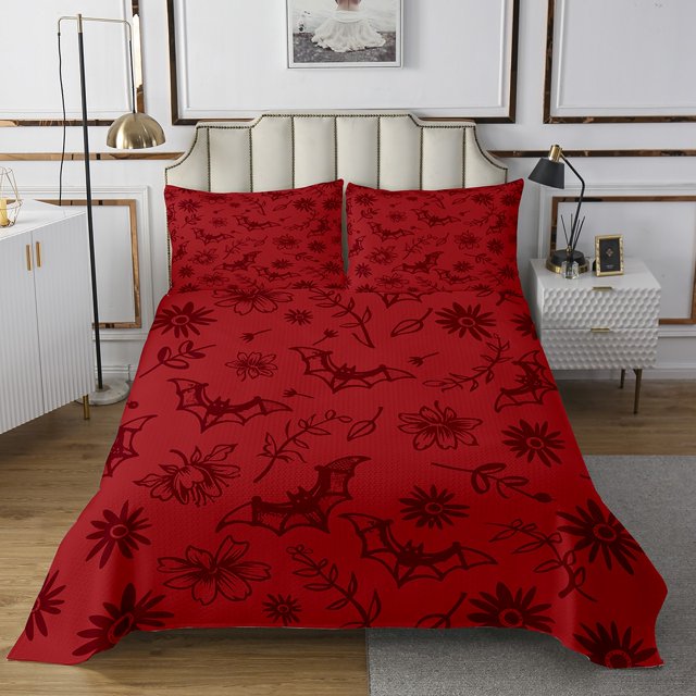 Erosebridal Halloween Bat Coverlet Set Queen, Gothic Bedding Set, Woodland Flower Print Decor 3pcs