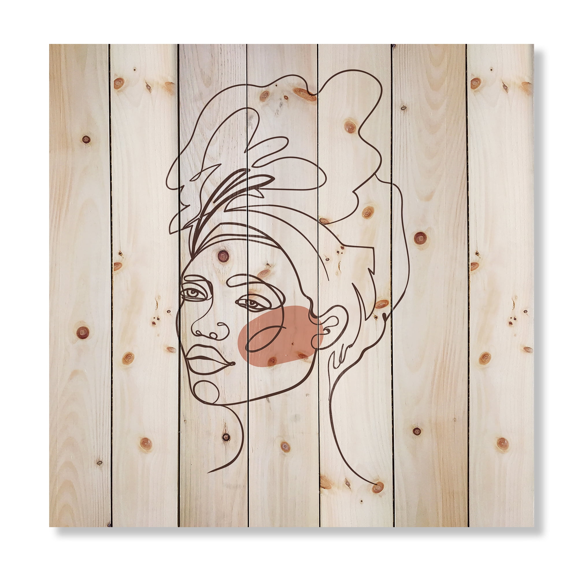 Designart 'One Line Portrait of Afro American Woman III' Modern Print on Natural Pine Wood