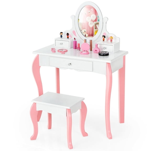 Furnibear Kids Princess Vanity Makeup Dressing Table and Stool Set with 360-Degree Rotating Mirror and Drawer for Bedroom Pretend Play, White
