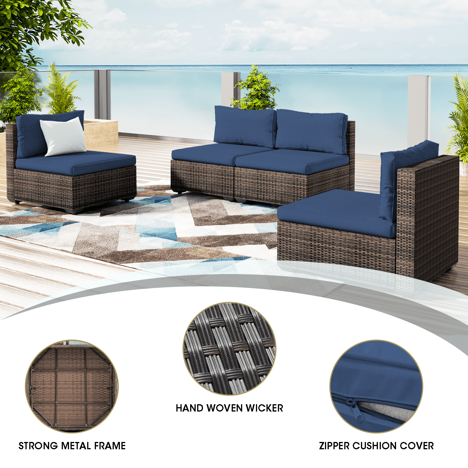 Gaildon 2 Pieces Patio Furniture Set, All Weather Outdoor Sectional PE Rattan, Patio Conversation Sets with Cushions and Glass Coffee Table for Garden Lawn Balcony Porch Deck, Blue