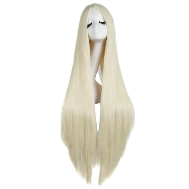 Zhuge Peluca lacia súper larga de 100 cm, sin flequillo, con raya en el medio, color rosa, red blanca, para fiesta, anime, cosplay, cabello extra largo (rubio claro)
