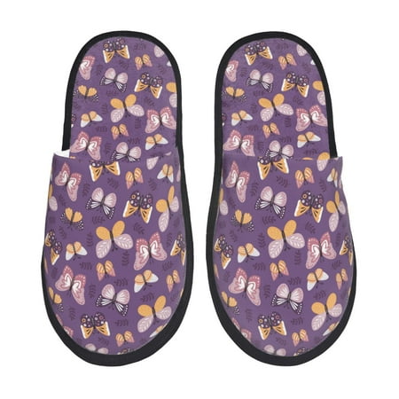 

Fuzoiu Butterflies And Floral Print Unisex Furry Slippers Plush Indoor Shoes Trendy House Slippers Anti-Skid EVA Sole House Shoes for Home Office and Travel -Large