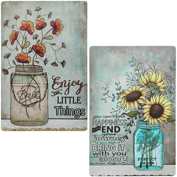 Two Glass bottle Floral Sunflowers Poppies Metal Tin Sign Wall Art Decor for Living Room Vintage Art Coffee Bar Signs Home Decor Gifts Decoration 2pcs-8x12inch