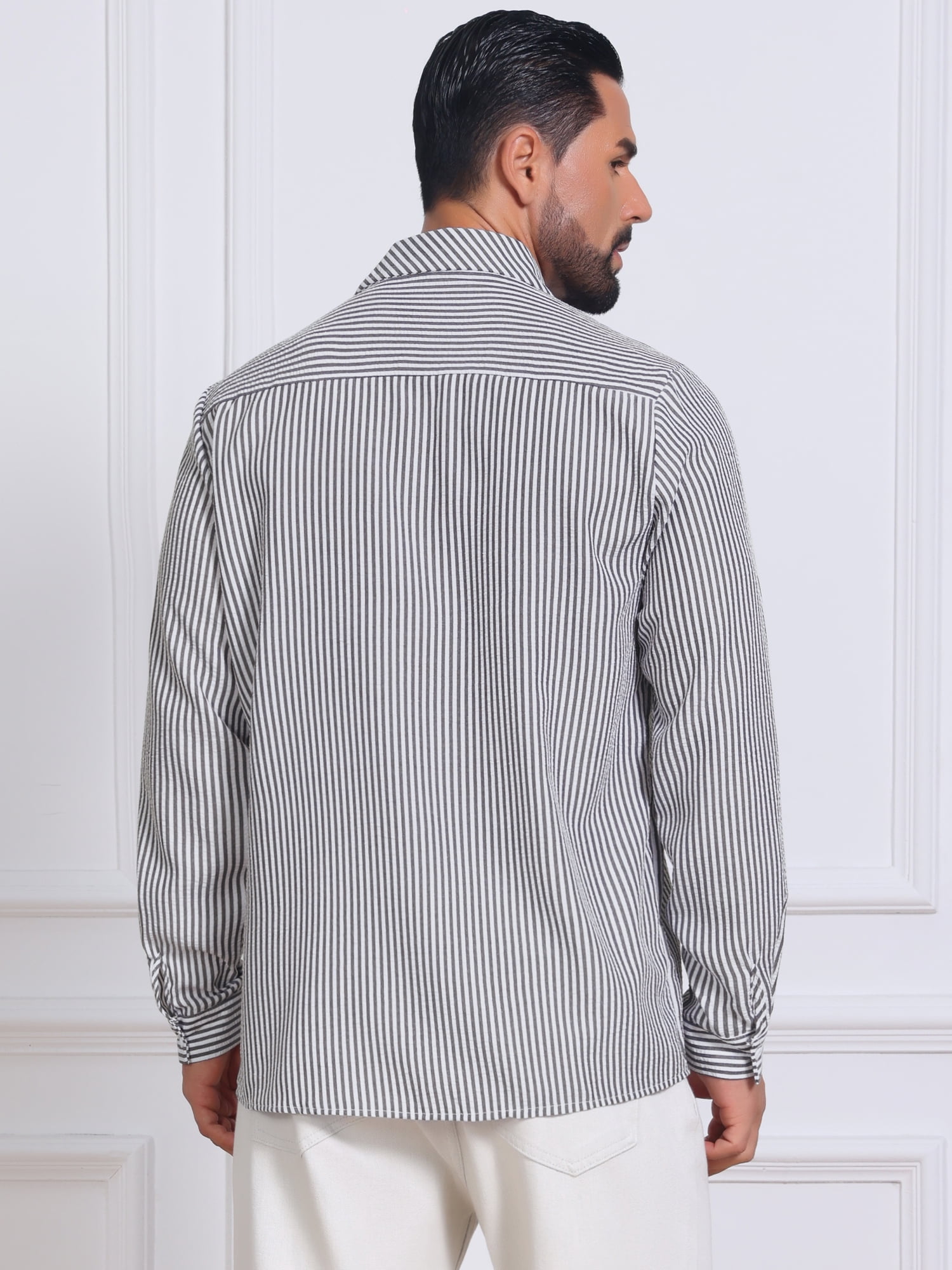 DARING DIVA Men's Seersucker Long Sleeve Button Down Textured Striped Shirts 2XL Black