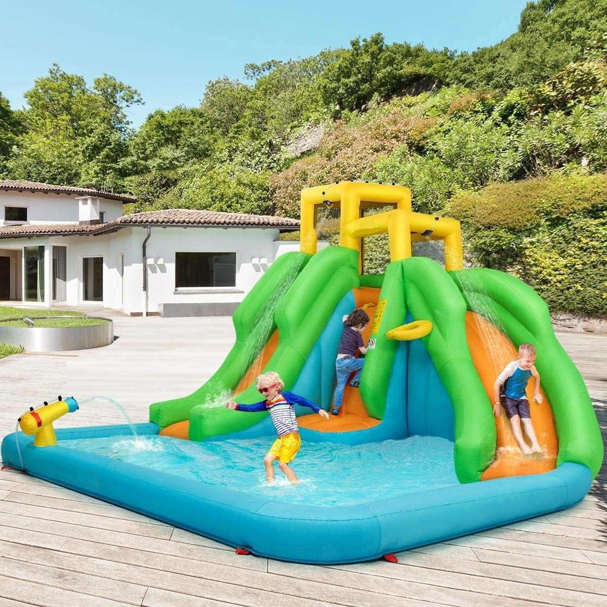 OLAKIDS Inflatable Water Slide, 6 in 1 Bounce House with 2 Slides, Climbing Wall, Splash Pool, Basketball Rim, Water Blaster, Inflatable Water Park with  Bag, Repairing Kit, Hose (Without Blower)