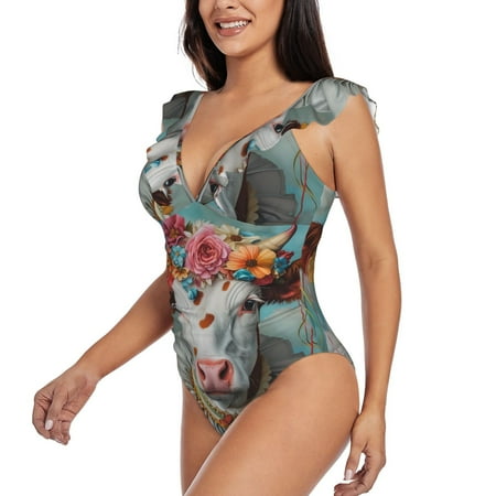 Luyuia Vintage Colorful Floral Cow Print Ruffle One Piece Swimsuit for Women  V-Neck Design Tummy Control Removable Padding  Soft Nylon-Like Fabric