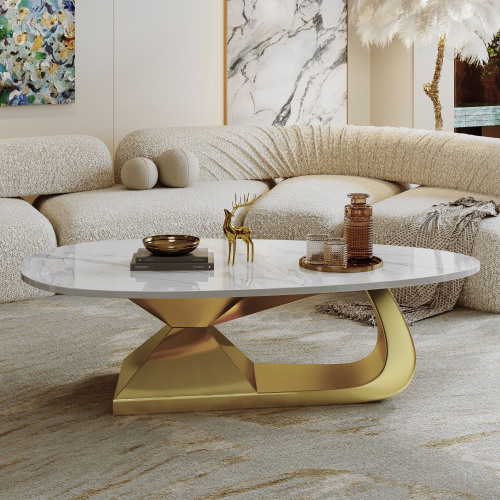 51.2-Inch Modern Oval Marble Coffee Table with Sturdy Gold Stainless Steel Base - Elevate Your Living Room with Style & Luxury, Scratch-Resistant & Easy Assembly.