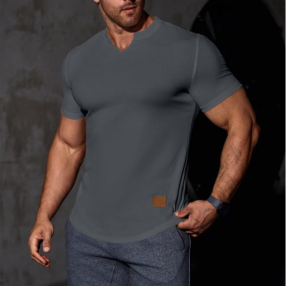 Yaoyar Men's Solid Color Ribbed Short Sleeve V-Neck Top Versatile Daily Wear Comfortable Active Tee Shirts
