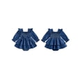 thumbnail image 2 of BemeyourBBs Newborn Baby Girl Denim Romper Dress Outfits Jeans Smocked Dress Cute Girls Spring Summer Clothes Casual Long Sleeve Bodysuit Bow Headband 2 Pcs Set, 2 of 8