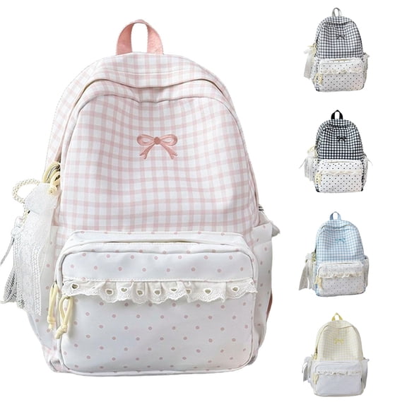 FYDUU Plaid Backpack for Girls School Bag Stylish Lace Checkered Backpack School Bookbag Casual Daypack Cute Bow Schoolbags