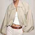 thumbnail image 5 of Sewkxo Womens Cropped Puff Sleeve Bomber Jacket Lapel Collar Pleated Full Zip Coat Spring Loose Fit Trendy Outerwear,Khaki XS, 5 of 8