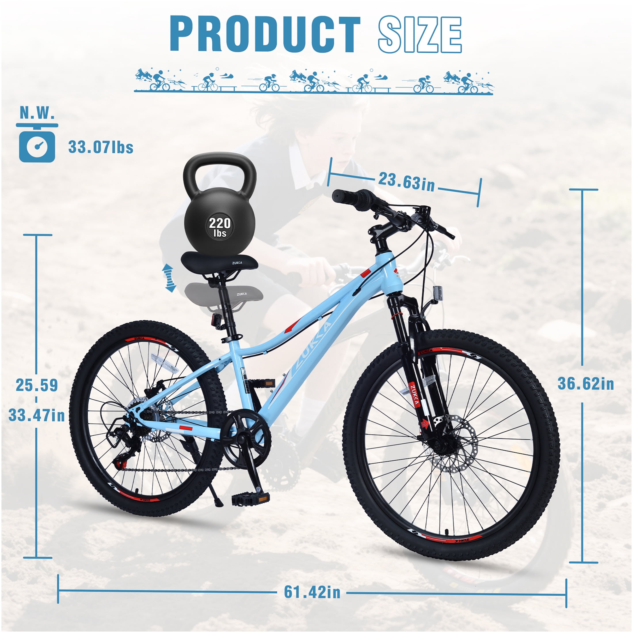 JERFIT 24 Inch Youth Mountain Bike for Boys and Girls, 6-Speed Shimano Gears, Steel Frame, Front Suspension Fork, Front & Rear Disc Brakes, Blue