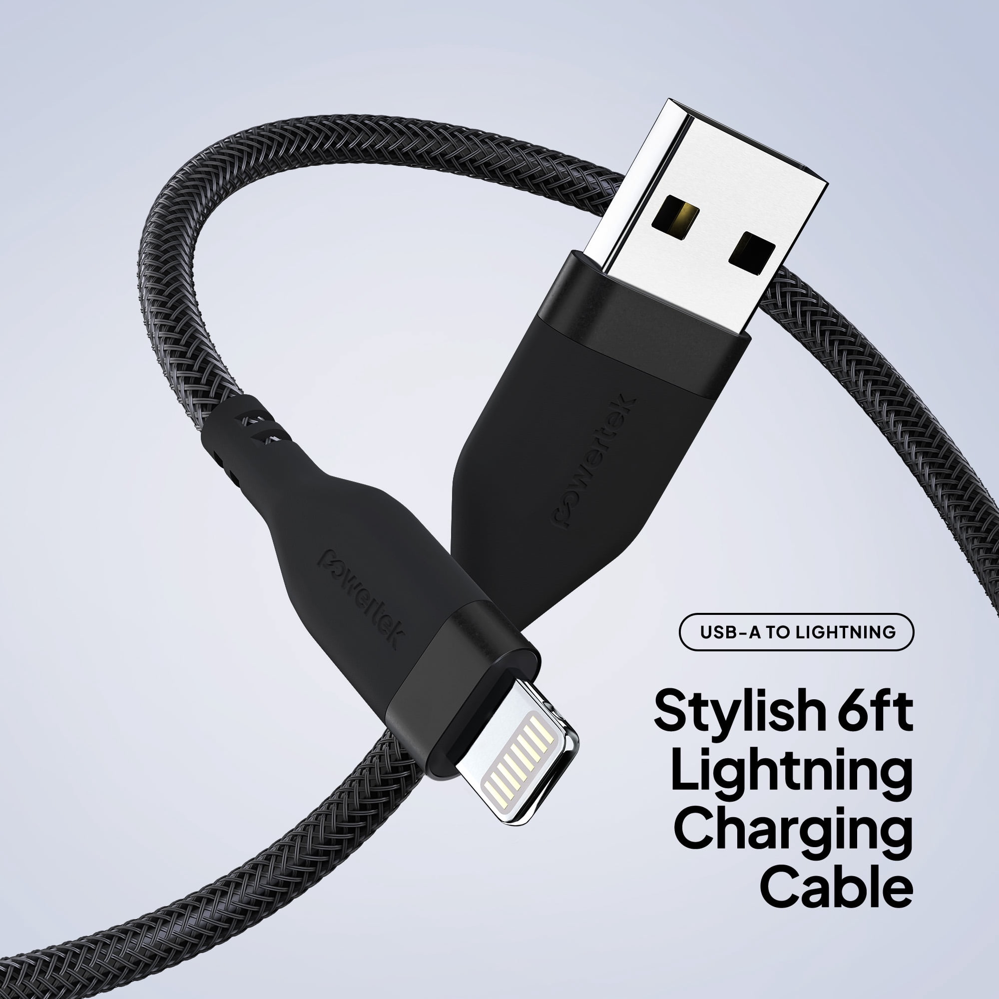 Powertek Ultra 6ft USB-A to Lightning Cable, Black, Silicone with PVC Mesh Jacket, Consistent Data Transfer, MFi Certified Charging Cable