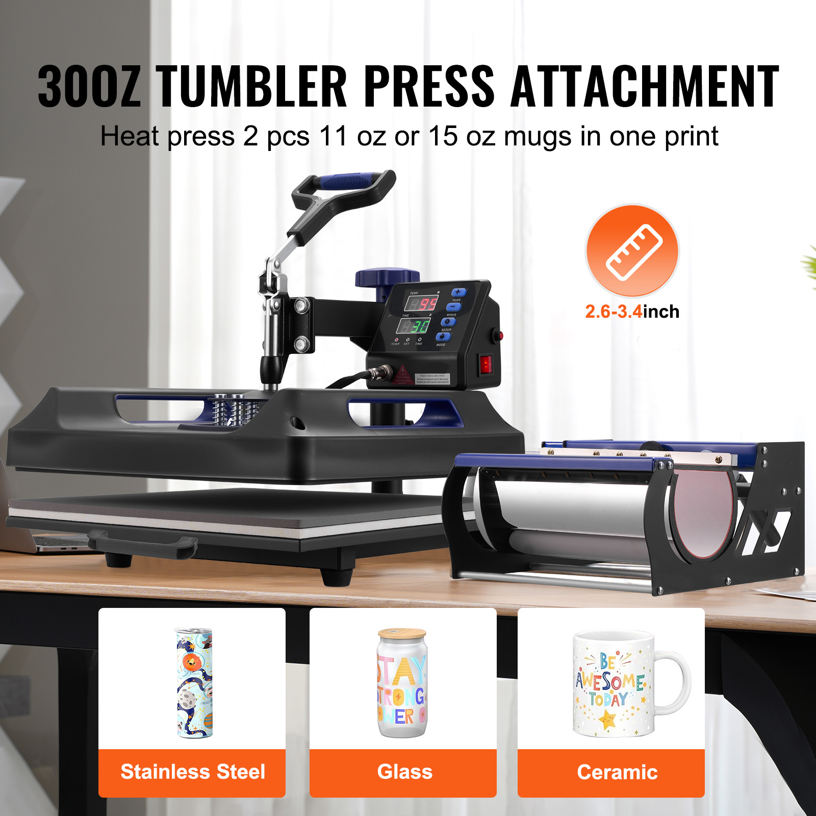 KFFKFF 15 x 15 inch Heat Press Machine, 8-in-1 Transfer Tool with 30 oz Tumbler Attachment, 360° Swing-Away Design, Digital Controls, Teflon-Coated Surface, Suitable for T-Shirts, Mugs, Hats, Plates