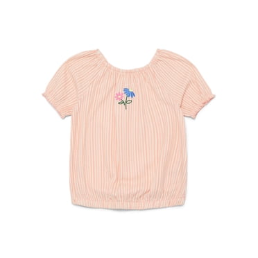 Wonder Nation Little Girls Puff Sleeve Top with Embroidery, Sizes 4-10