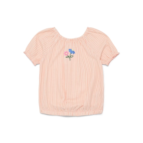 Wonder Nation Little Girls Puff Sleeve Top with Embroidery, Sizes 4-10